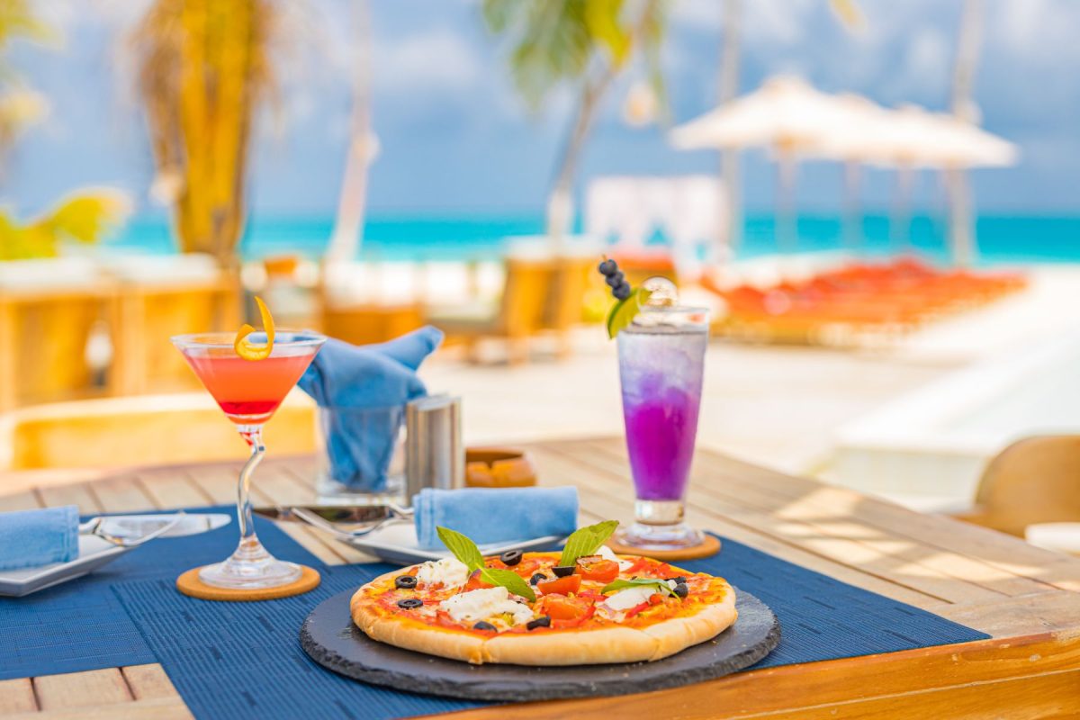 Food and drinks at beachfront restaurant